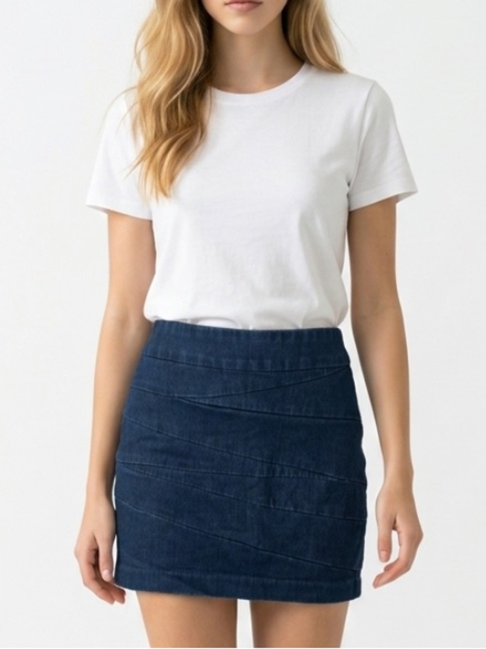 BLANK NYC Anthropologie Mini Skirt Dark Wash Asymmetrical Banded Panel Stretchy